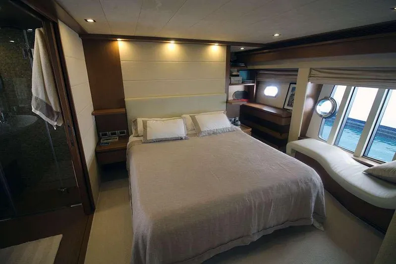  Yacht Photos Pics Luxurious bedroom interior of 2006 Ferretti Yachts 780 with modern design and ocean view.