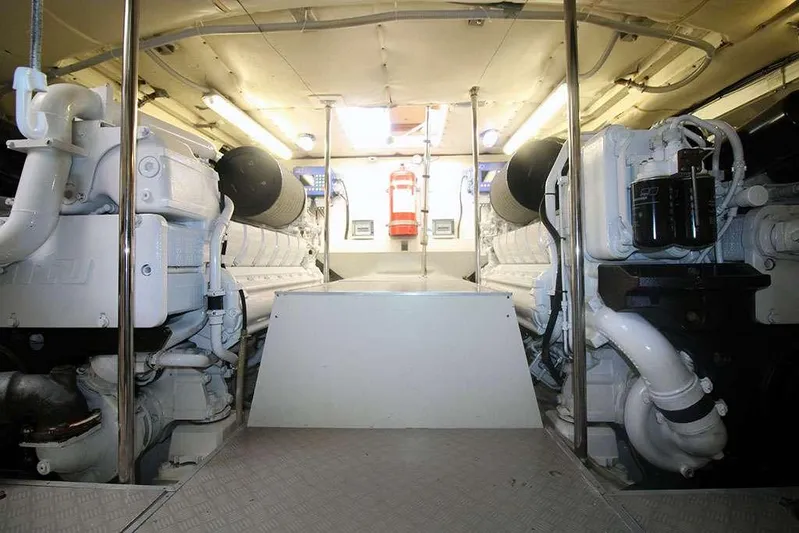  Yacht Photos Pics Engine room of 2006 Ferretti Yachts 780, showcasing dual engines and equipment.