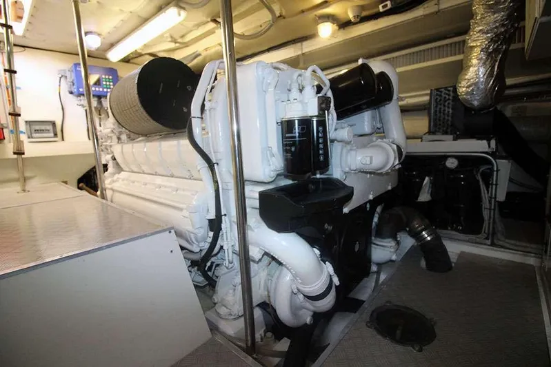  Yacht Photos Pics Engine room of a 2006 Ferretti Yachts 780, showcasing a powerful marine engine.