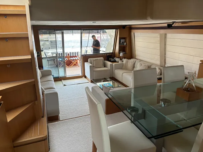  Yacht Photos Pics Luxurious interior of a 2006 Ferretti Yachts 780, featuring elegant seating and glass dining table.