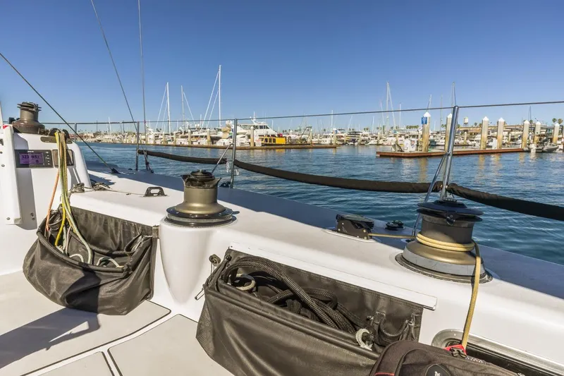 Ground Hog Day Yacht Photos Pics Sailboat deck view in marina, Rogers 46 model, 2007, with clear blue sky.