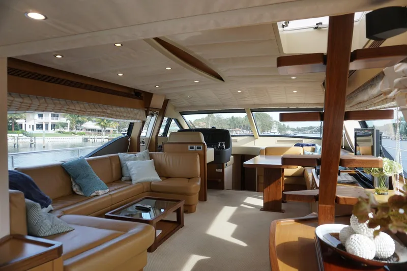 Motor Mile Marine Yacht Photos Pics Luxurious 2008 Ferretti Yachts 630 interior with elegant seating and dining area.