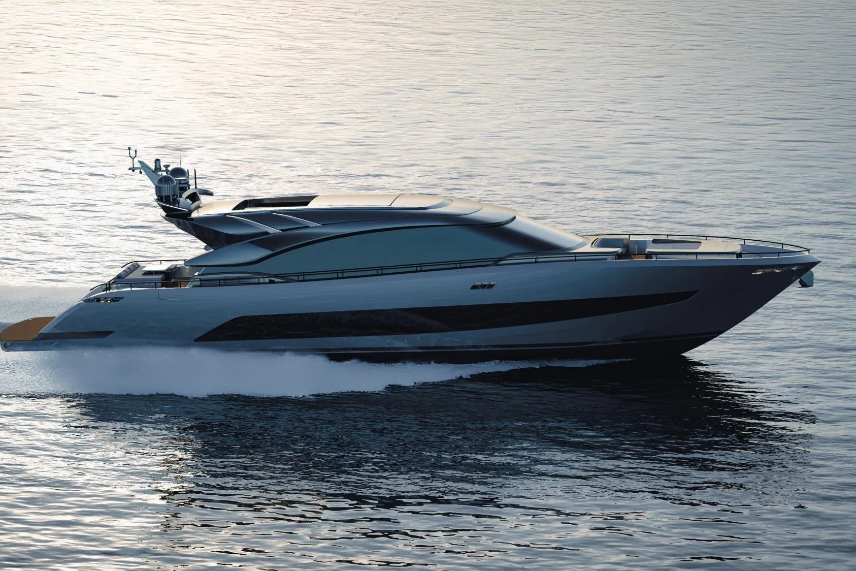 Luxurious 2026 AB YACHTS AB 95S cruising on serene waters at sunset.
