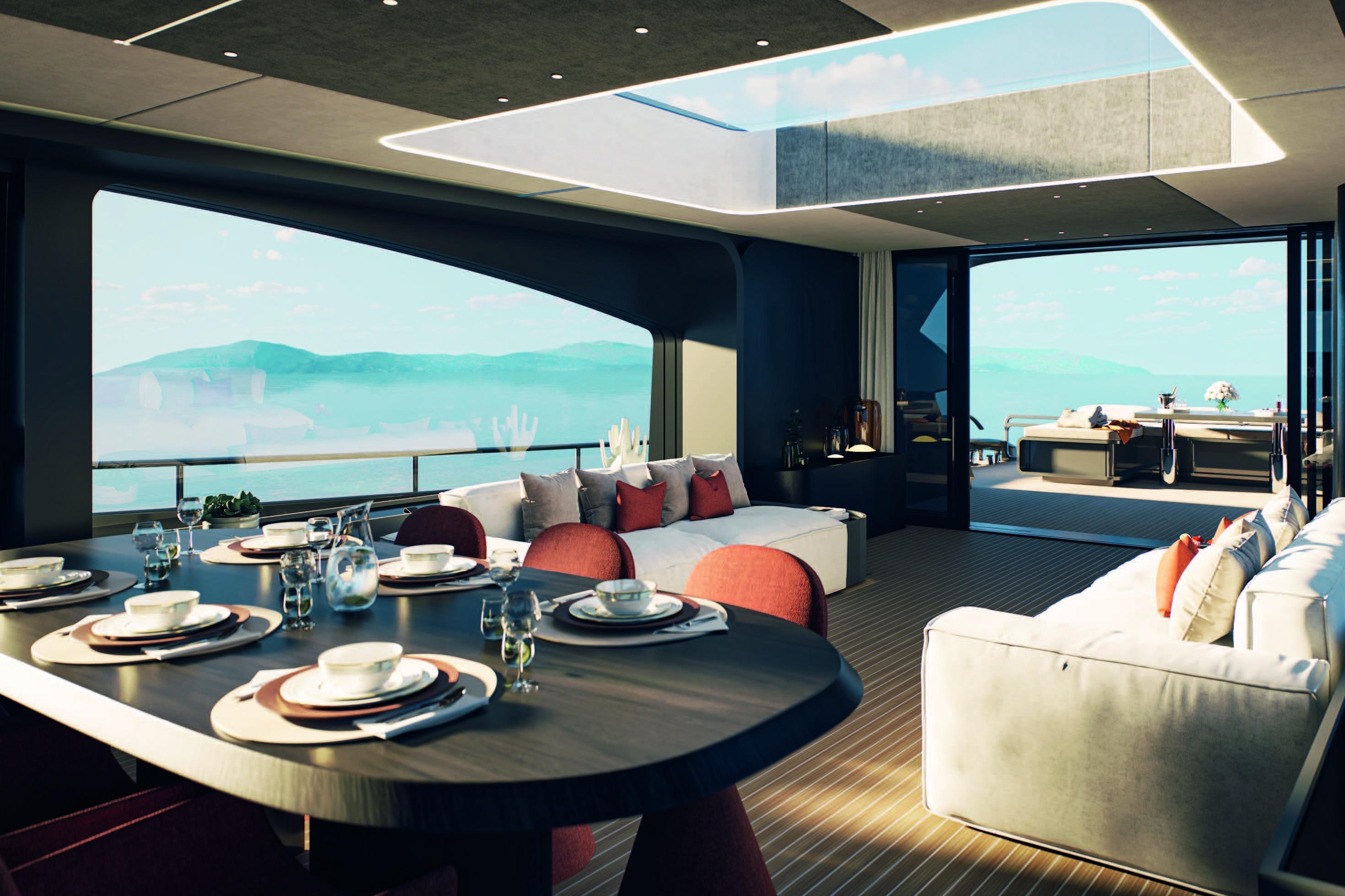 Luxurious interior of 2026 AB YACHTS AB 95S with elegant dining and seating areas.