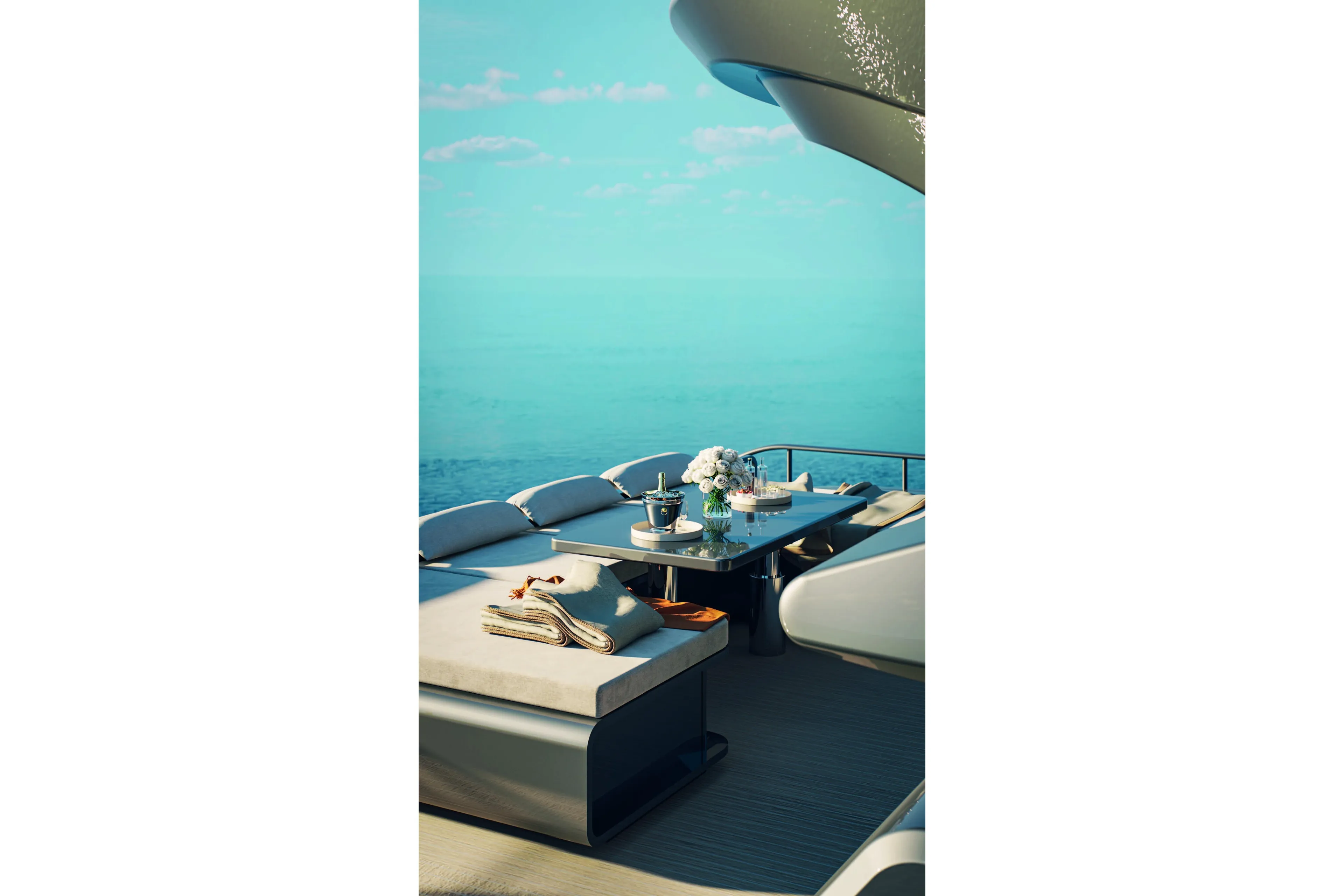 Luxurious AB YACHTS AB 95S 2026 yacht deck with elegant dining setup and ocean view.