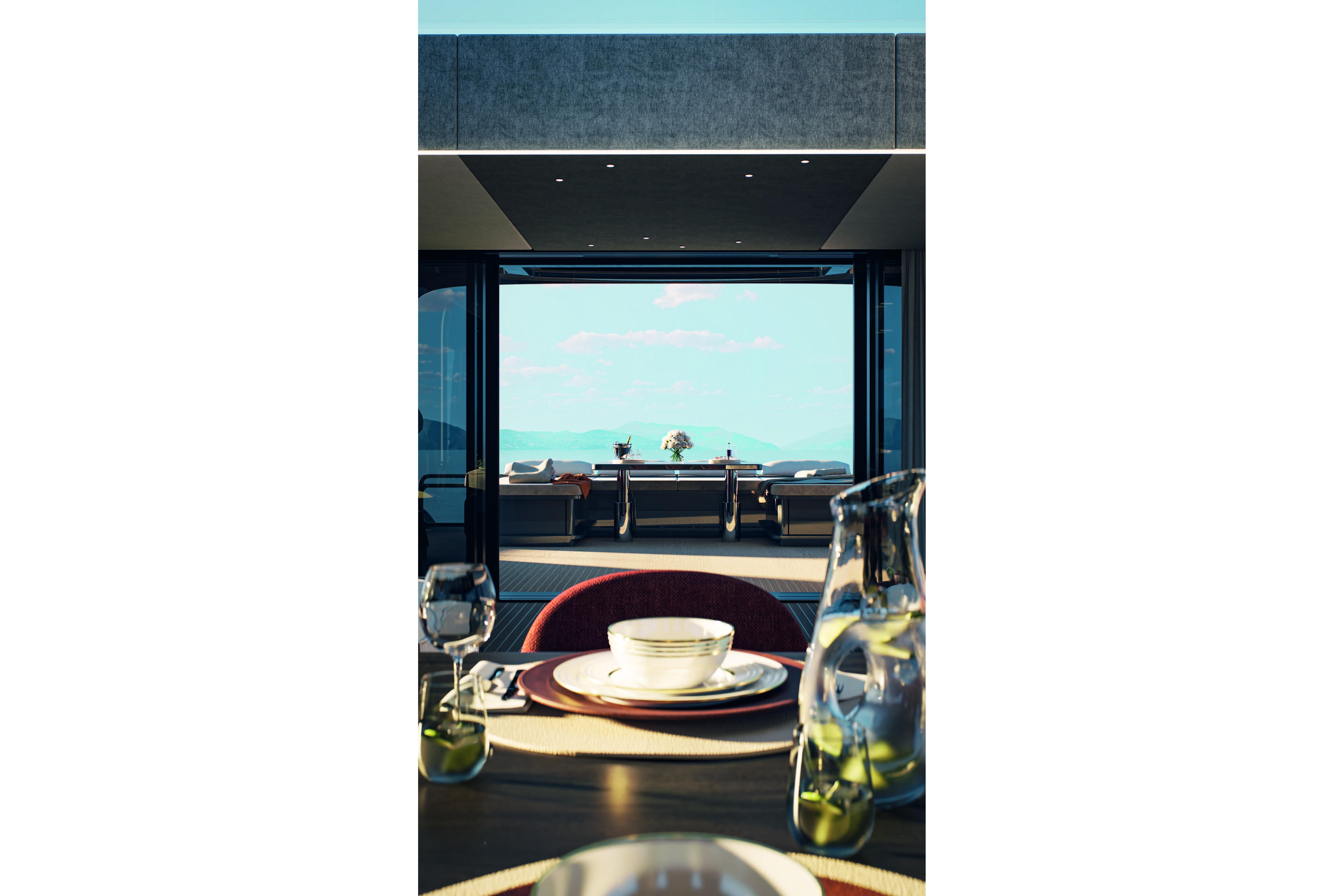 Luxurious dining setup on AB YACHTS AB 95S, 2026 model, with ocean view.