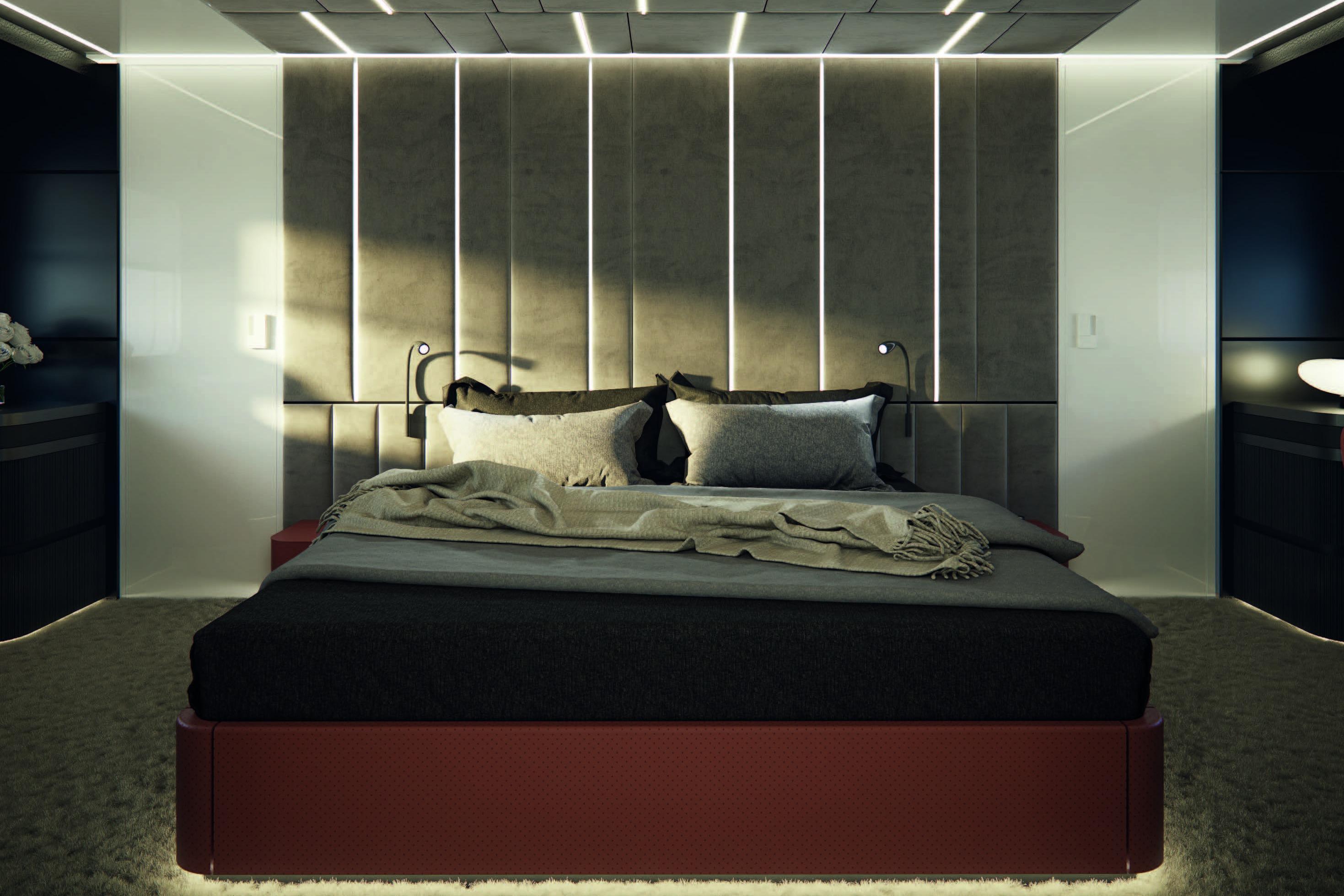 Luxurious bedroom interior on 2026 AB YACHTS AB 95S, featuring modern design and ambient lighting.