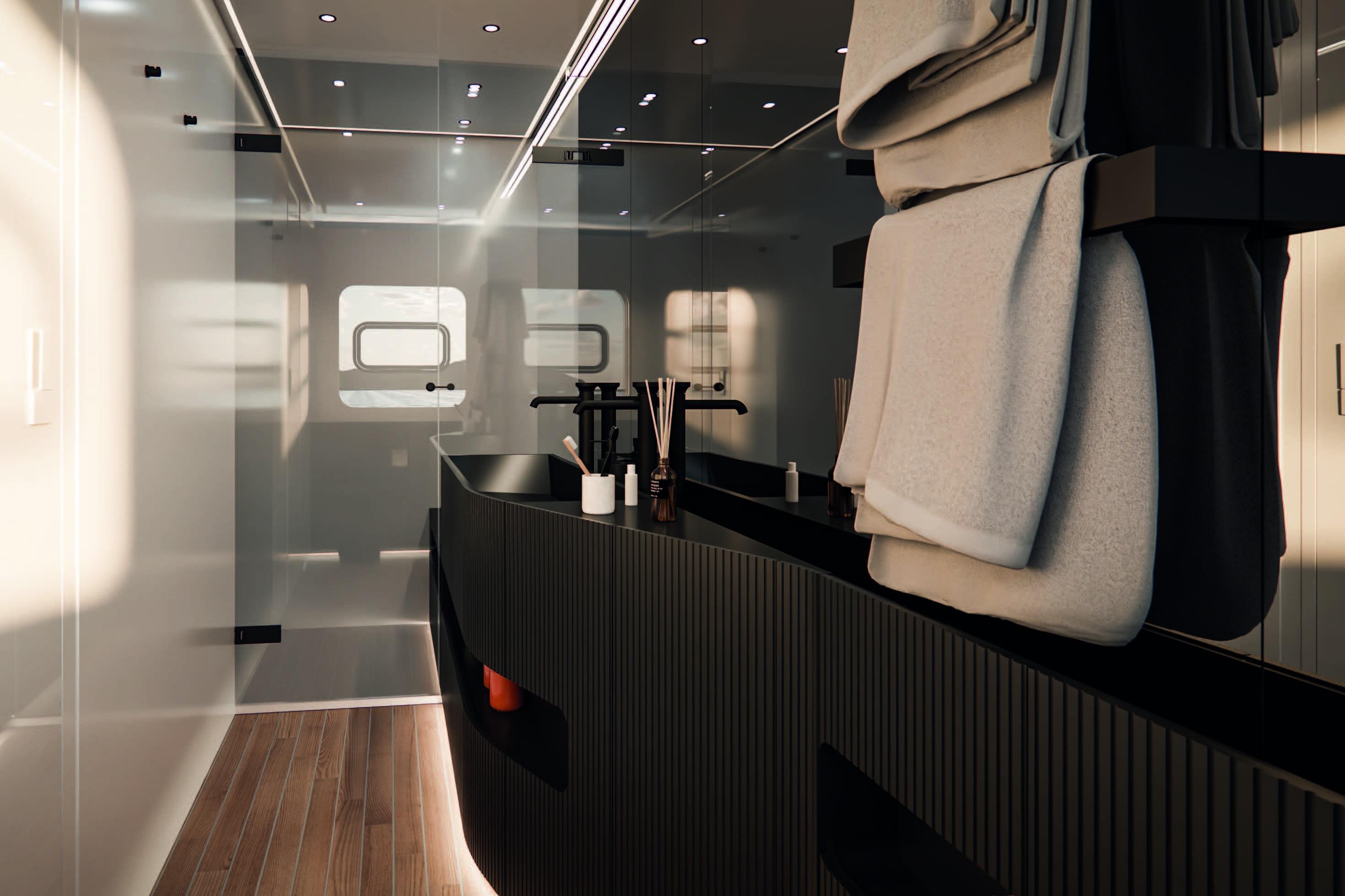 Luxurious bathroom interior of 2026 AB YACHTS AB 95S with modern fixtures and elegant design.