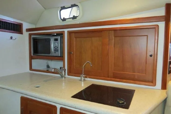 True Love Yacht Photos Pics 2009 MJM 29z Express yacht interior kitchen with microwave, sink, and stove.