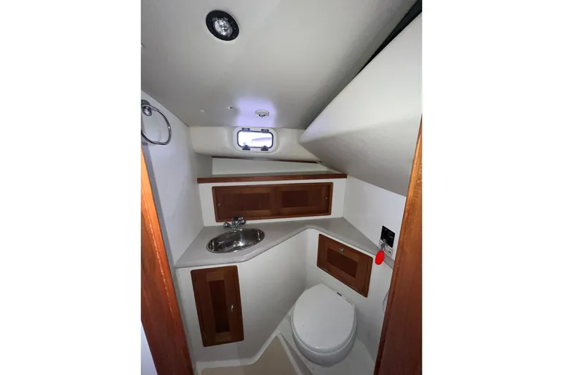 True Love Yacht Photos Pics 2009 MJM 29z Express boat bathroom with sink, toilet, and wooden cabinets.
