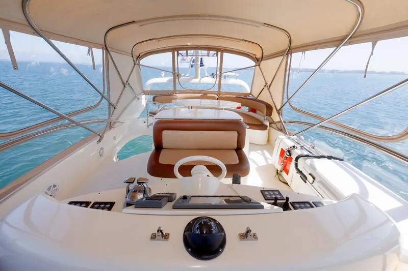 Tool N' Around Yacht Photos Pics Flybridge of 2005 Aicon Yachts 56, featuring elegant seating and ocean view.