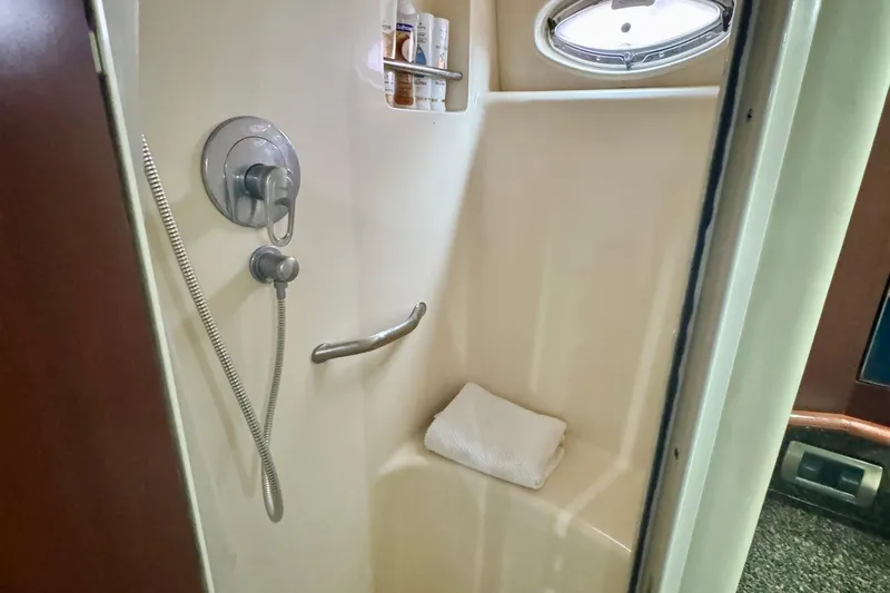 A Mi Manera Yacht Photos Pics Shower area in 2007 Sea Ray 40 Motor Yacht with towel and toiletries.