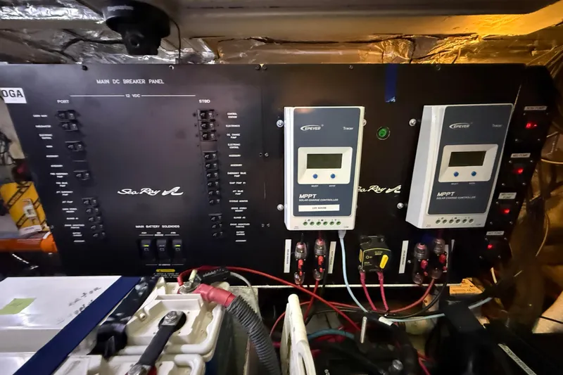 A Mi Manera Yacht Photos Pics Electrical panel of a 2007 Sea Ray 40 Motor Yacht with MPPT solar charge controllers.
