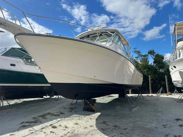  Yacht Photos Pics 2006 Grady-White 360 Express boat on land under a clear blue sky.