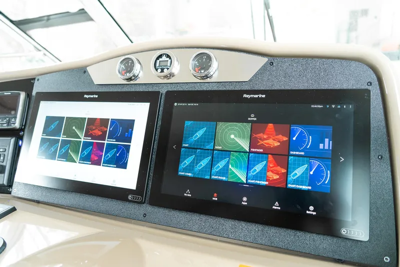  Yacht Photos Pics Dashboard of 2016 Formula 45 Yacht with dual Raymarine navigation displays.