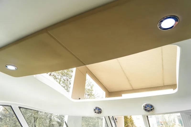  Yacht Photos Pics Interior view of 2016 Formula 45 Yacht with sunroof and modern lighting.