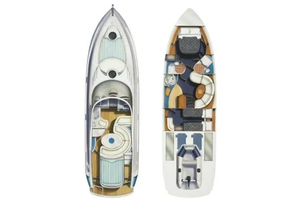 Rmvca Yacht Photos Pics 2004 Fairline Targa 43 yacht floor plan, showcasing interior and exterior layouts.