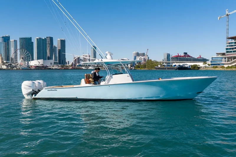 Wahoo Whitney Yacht Photos Pics 2022 Valhalla Boatworks V-37 cruising in urban waterfront setting.