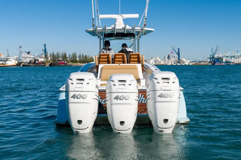 Wahoo Whitney Yacht Photos Pics 2022 Valhalla Boatworks V-37 with triple 400 Verado engines on the water.