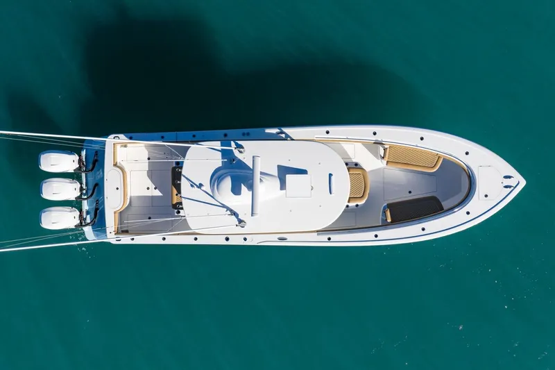 Wahoo Whitney Yacht Photos Pics Overhead view of 2022 Valhalla Boatworks V-37 on clear blue water.