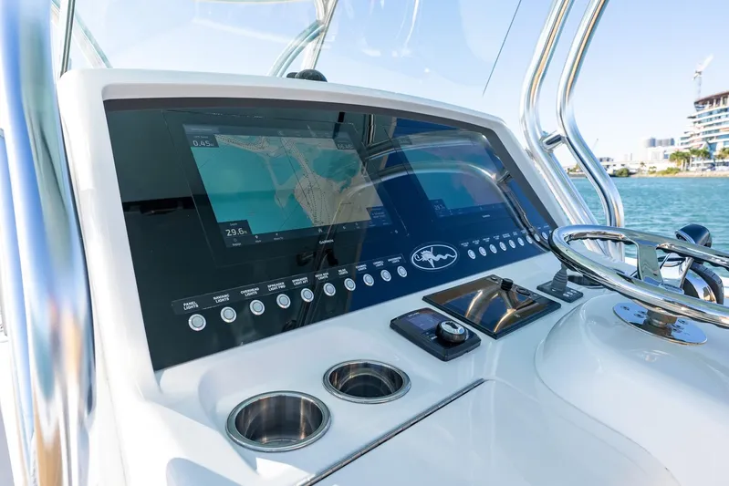Wahoo Whitney Yacht Photos Pics 2022 Valhalla Boatworks V-37 helm with advanced navigation displays and controls.