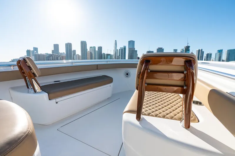 Wahoo Whitney Yacht Photos Pics 2022 Valhalla Boatworks V-37 interior with city skyline in background.