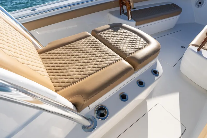 Wahoo Whitney Yacht Photos Pics Luxurious seating on 2022 Valhalla Boatworks V-37 with diamond-stitched upholstery.