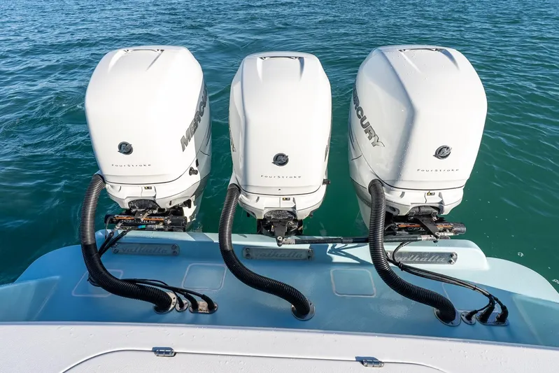 Wahoo Whitney Yacht Photos Pics Triple Mercury outboard engines on 2022 Valhalla Boatworks V-37 in blue ocean.