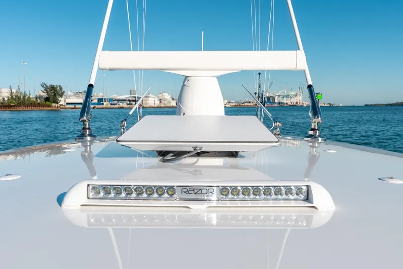 Wahoo Whitney Yacht Photos Pics 2022 Valhalla Boatworks V-37 bow with LED lights, docked in a marina.