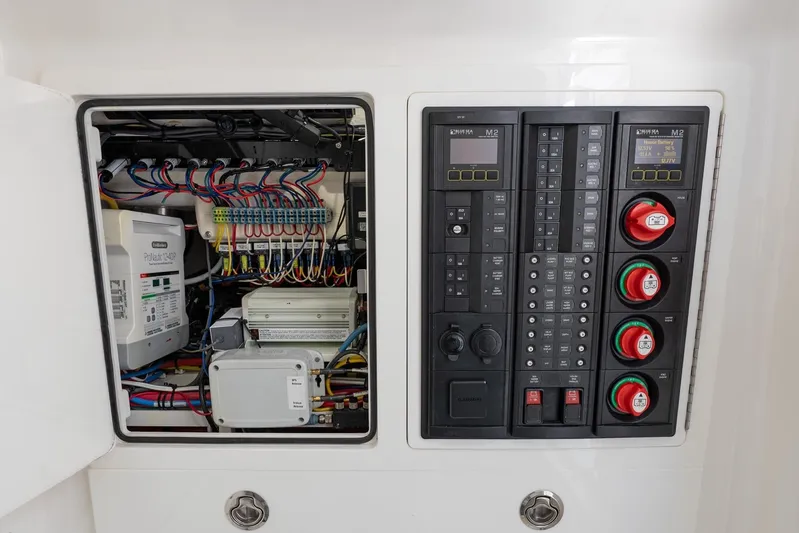 Wahoo Whitney Yacht Photos Pics Electrical panel of 2022 Valhalla Boatworks V-37, showcasing wiring and control systems.
