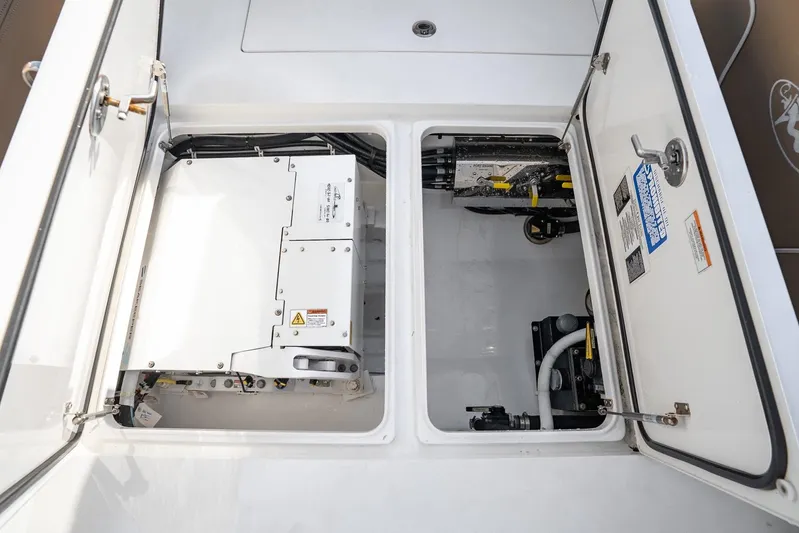 Wahoo Whitney Yacht Photos Pics 2022 Valhalla Boatworks V-37 engine compartment with mechanical components and wiring.