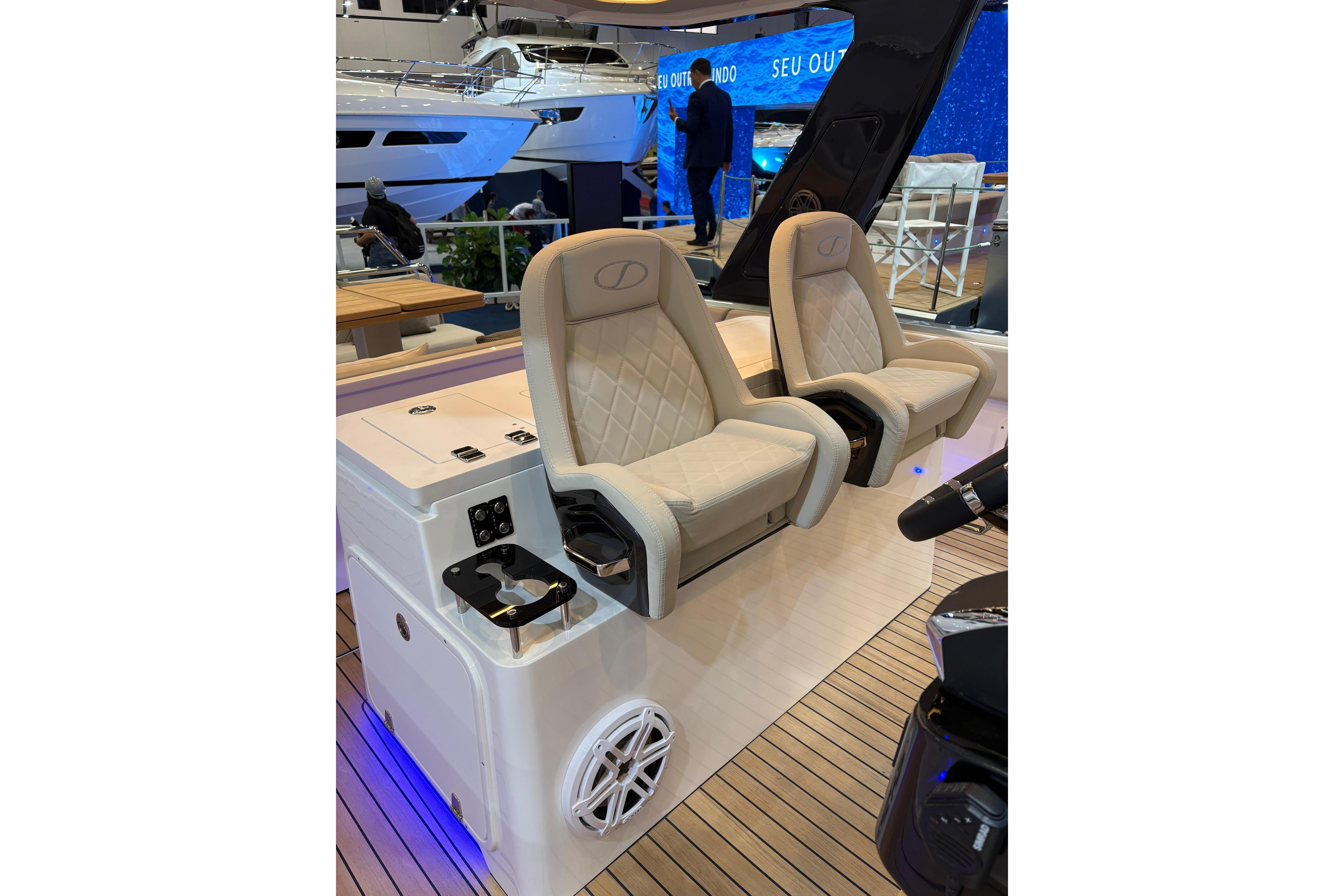 2026 Schaefer V34 boat interior with luxurious seating and modern design.