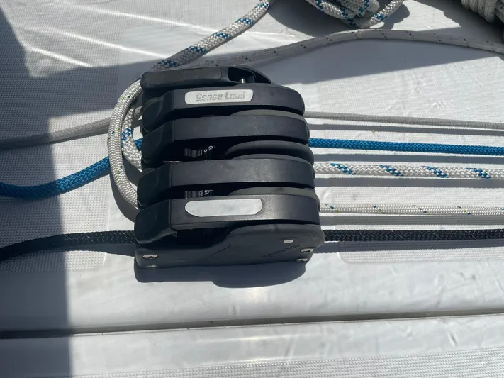 Shaz Yacht Photos Pics Close-up of rope clutches on a 2020 Jeanneau Sun Odyssey 410 sailboat deck.