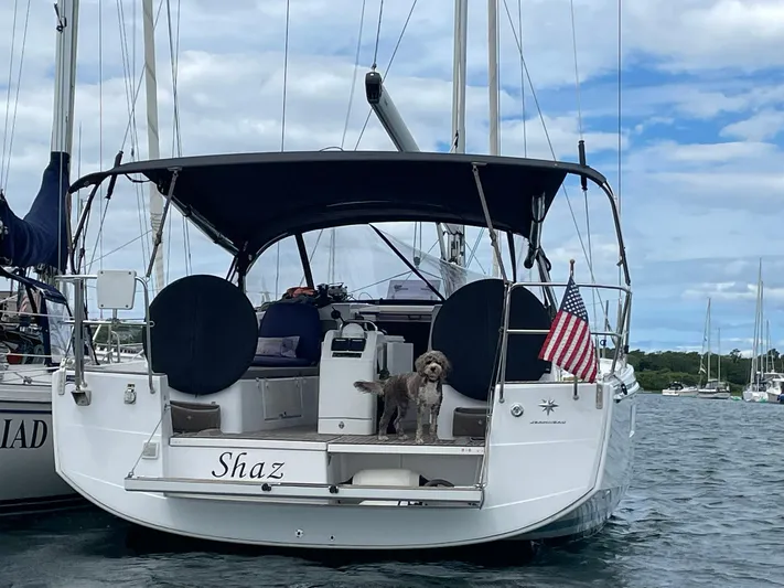 Shaz Yacht Photos Pics Jeanneau Sun Odyssey 410 sailboat with dog on deck, American flag, and marina backdrop.