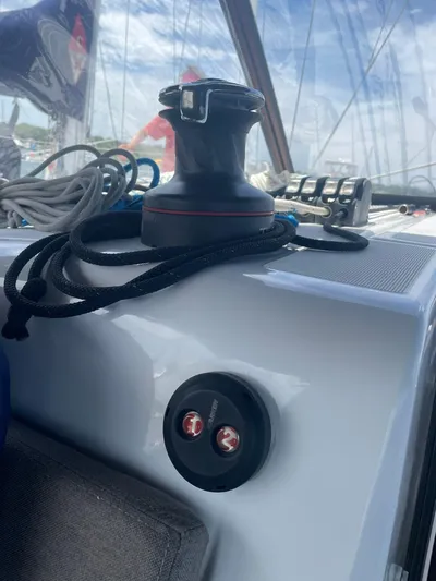 Shaz Yacht Photos Pics Winch and ropes on Jeanneau Sun Odyssey 410 sailboat, 2020 model, under clear sky.