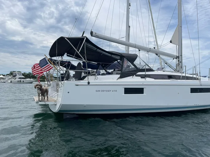 Shaz Yacht Photos Pics 2020 Jeanneau Sun Odyssey 410 sailboat with a dog and American flag on the stern.