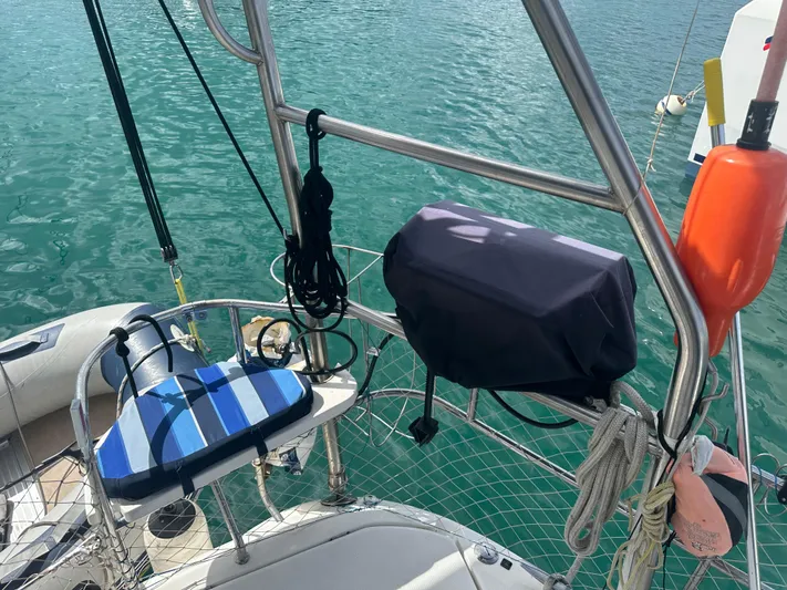 Talisa Yacht Photos Pics Sailboat deck with equipment, Hunter 45cc, 2006 model, on calm water.