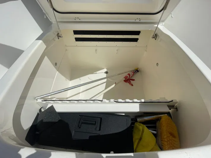 Yacht Photos Pics Storage compartment of 2018 Boston Whaler 330 Outrage, featuring cleaning tools and an American flag.