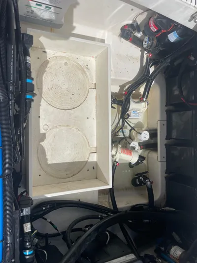  Yacht Photos Pics 2018 Boston Whaler 330 Outrage engine compartment with wiring and components.