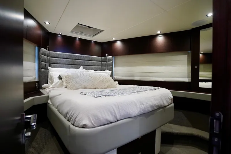  Yacht Photos Pics Luxurious bedroom interior of 2019 Sunseeker Manhattan 66 yacht with modern design.