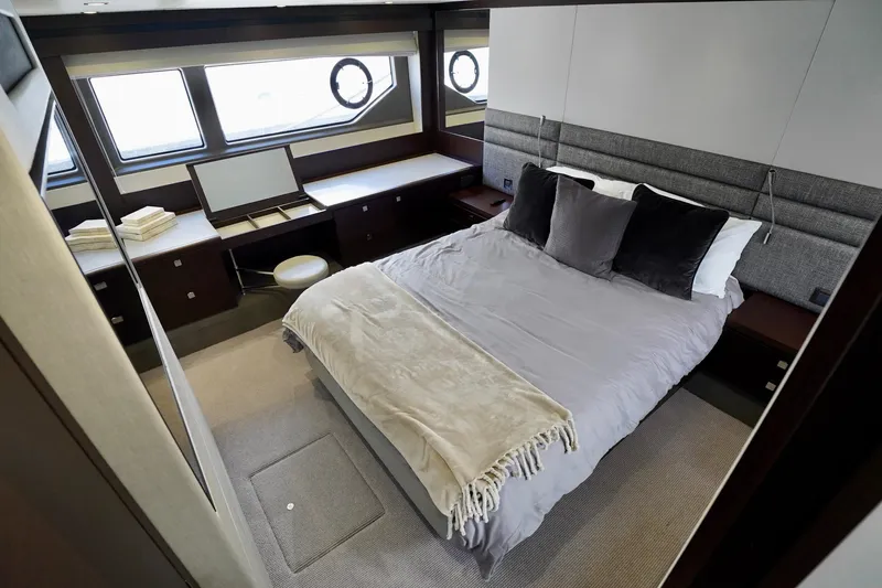 Yacht Photos Pics Luxurious bedroom interior of 2019 Sunseeker Manhattan 66 yacht with modern design.