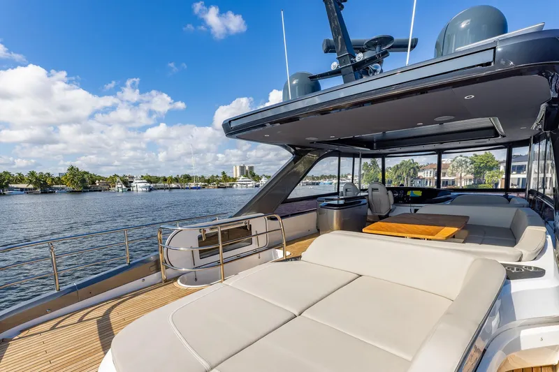 Her Way Yacht Photos Pics Luxurious 2023 Princess Y72 yacht deck with seating, overlooking serene waterfront.