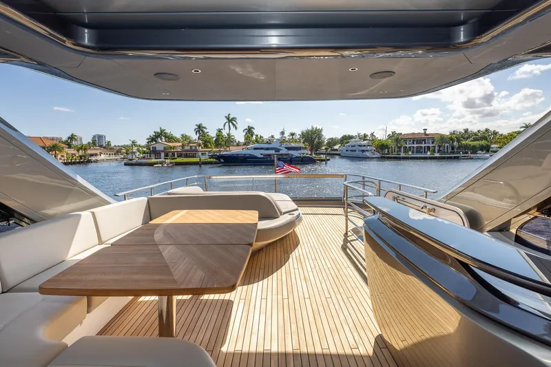 Her Way Yacht Photos Pics Luxurious 2023 Princess Y72 yacht deck with waterfront view and elegant seating area.