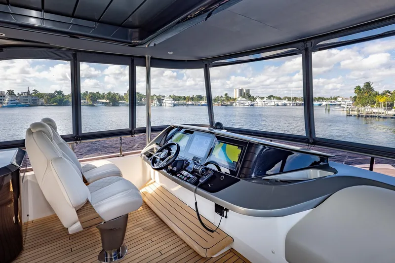 Her Way Yacht Photos Pics Luxurious 2023 Princess Y72 yacht helm with panoramic water views and modern navigation equipment.