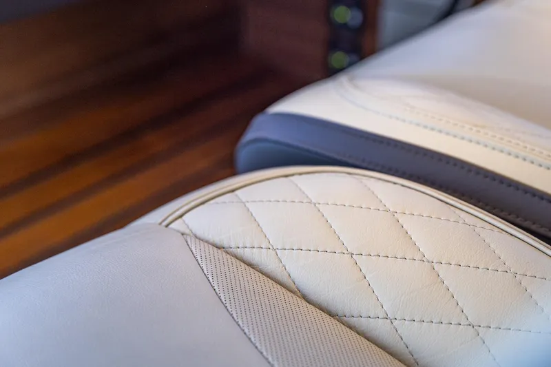 Her Way Yacht Photos Pics Luxurious leather seating detail in 2023 Princess Y72 yacht interior.