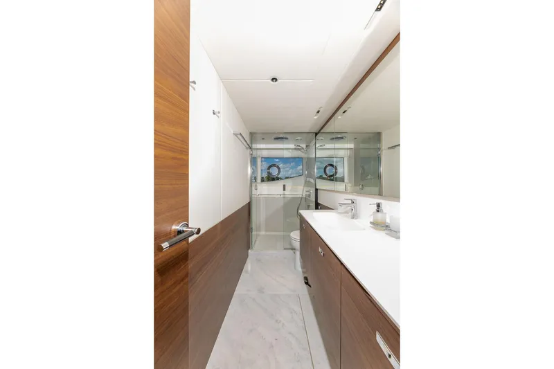 Her Way Yacht Photos Pics Luxurious bathroom on 2023 Princess Y72 yacht with modern fixtures and elegant design.
