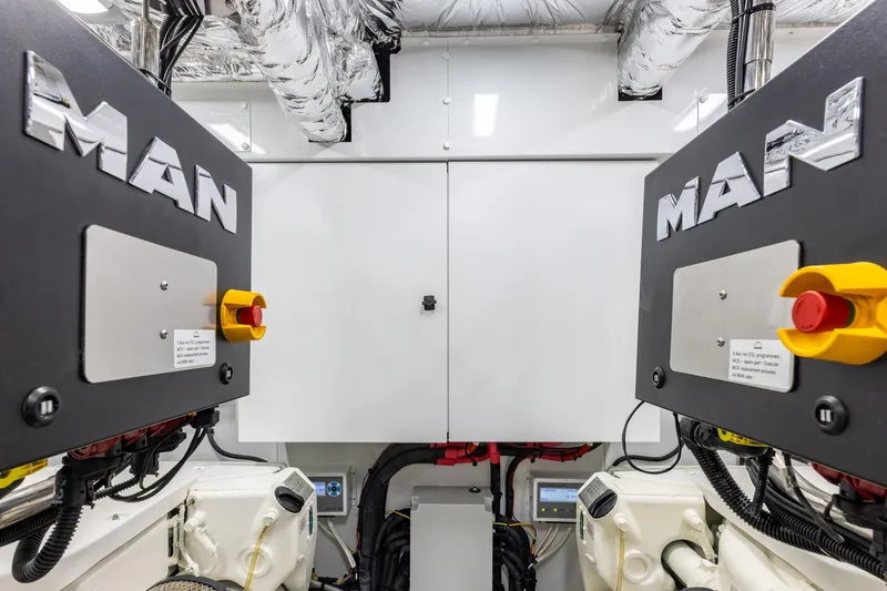 Her Way Yacht Photos Pics Engine room of 2023 Princess Y72 yacht featuring MAN engines and advanced equipment.