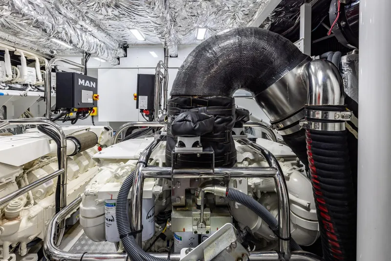 Her Way Yacht Photos Pics Engine room of 2023 Princess Y72 yacht, featuring advanced MAN machinery and components.