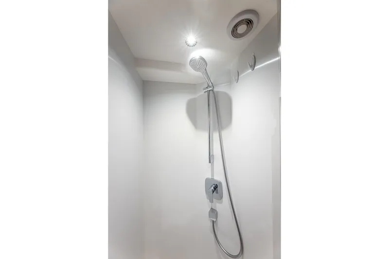 Her Way Yacht Photos Pics Modern shower in 2023 Princess Y72 yacht, featuring sleek design and chrome fixtures.