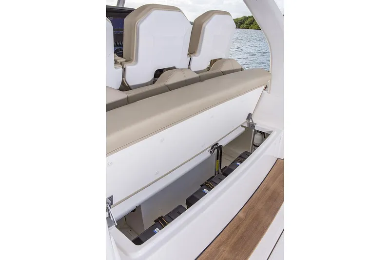  Yacht Photos Pics Manufacturer Provided Image: 2019 Pursuit S 408 Sport boat with open storage compartment.